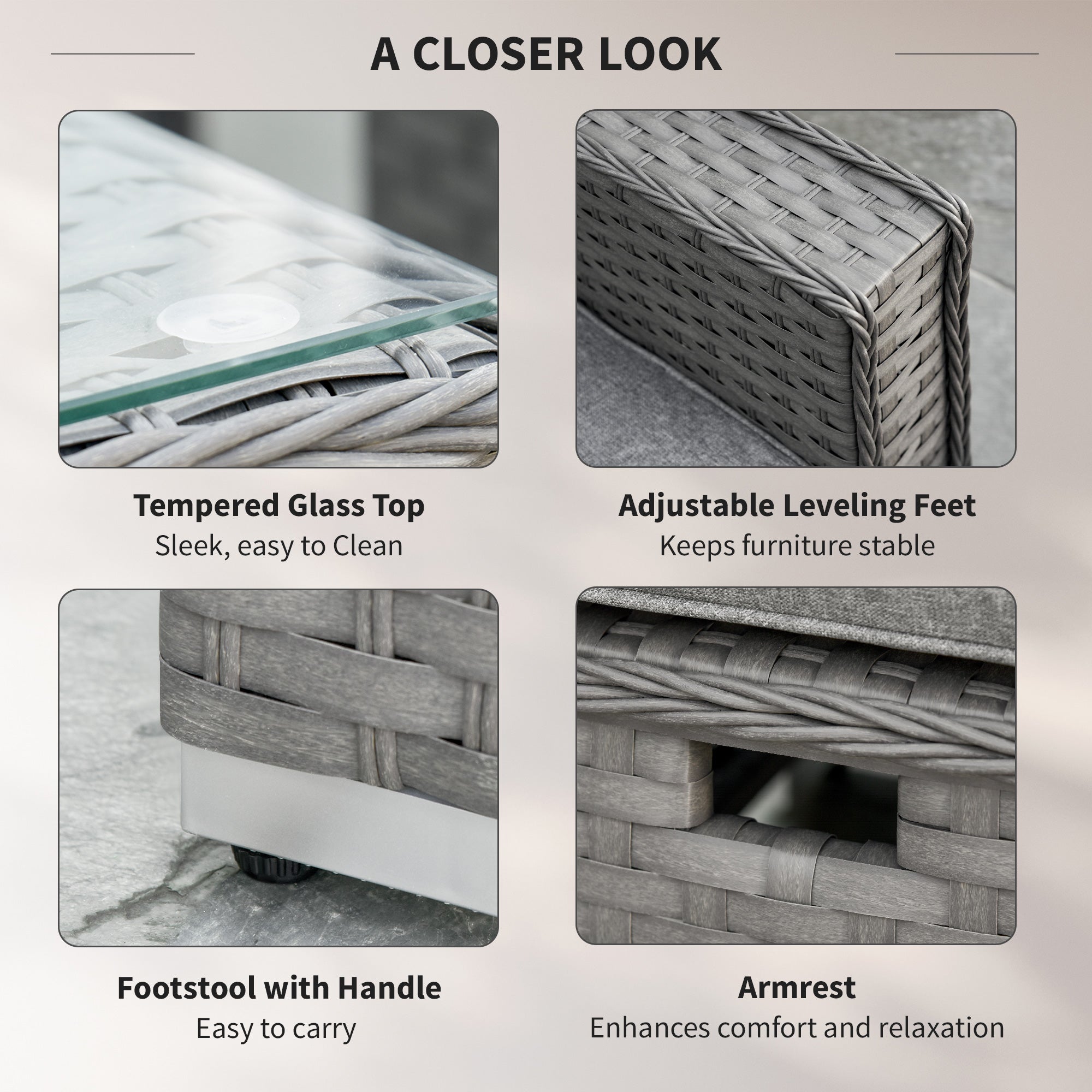 Outsunny 6 Pieces Outdoor PE Rattan Wicker Corner Sofa Set with 10cm Thick Padded Cushions, Aluminium Conservatory Furniture with Glass Top Coffee Table, Footstools, Grey