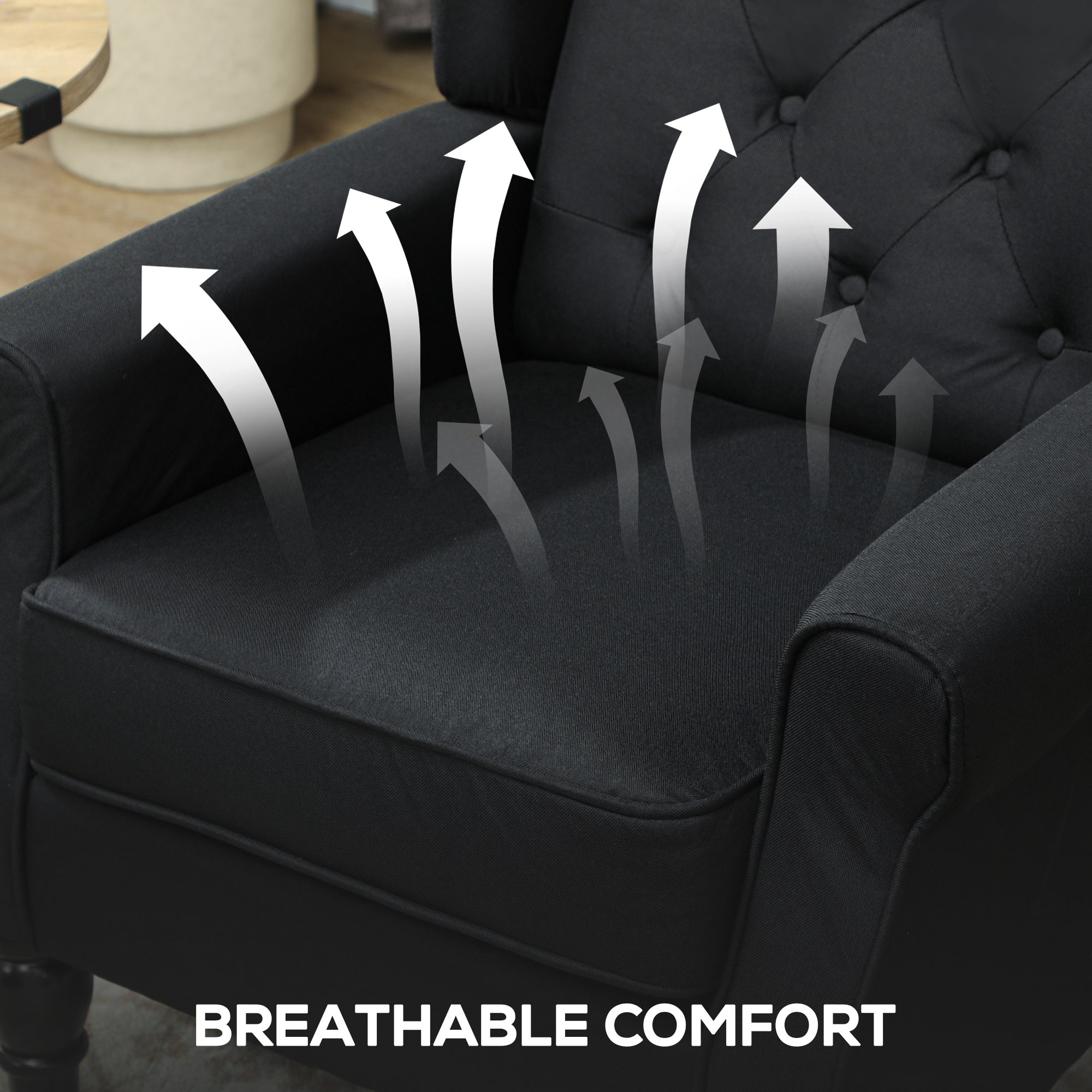 HOMCOM Retro Accent Chair, Linen Wingback Armchair with Wood Frame Button Tufted Design for Living Room Bedroom, Black