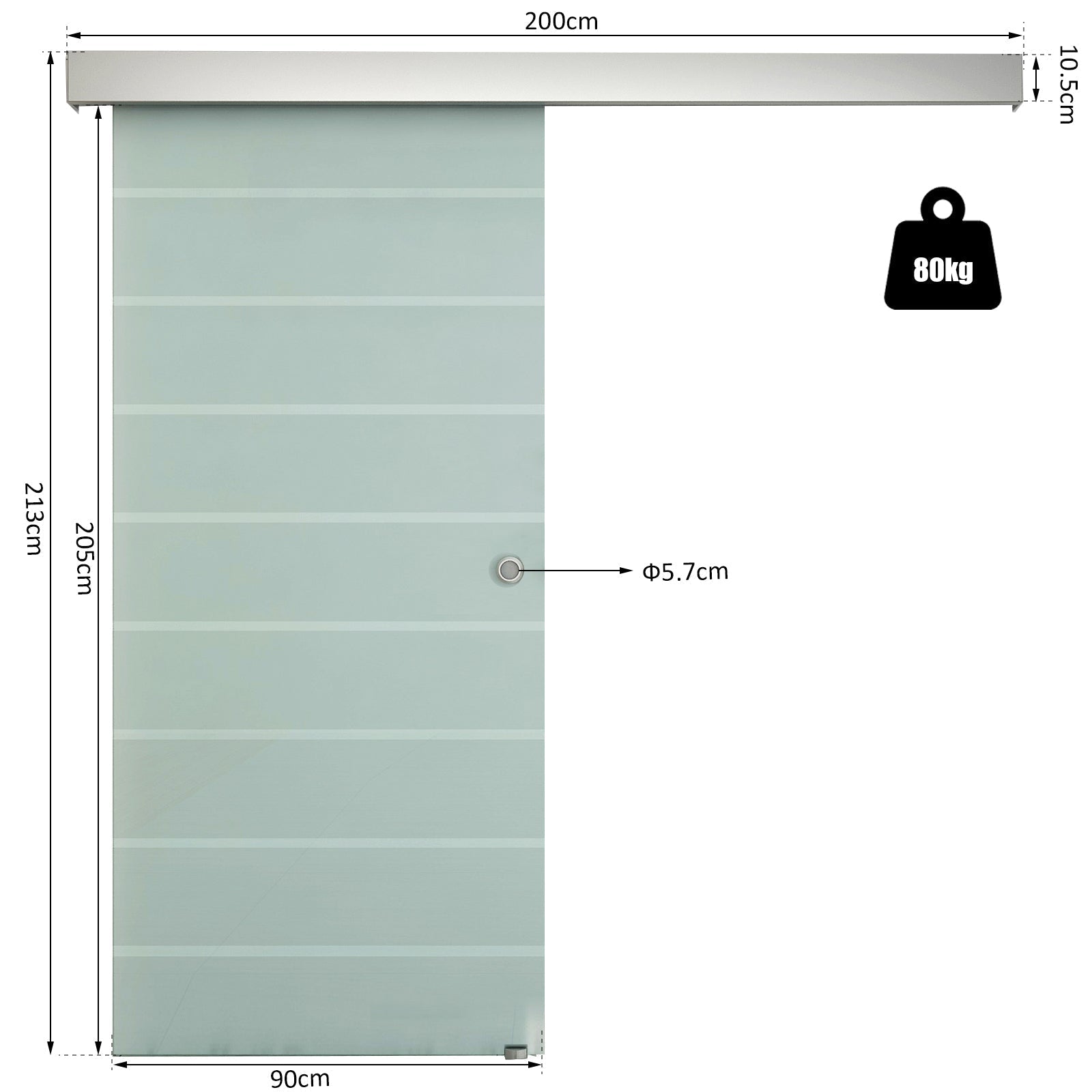HOMCOM 90cm Sliding Glass Door with Hardware Track Kit, Frosted Tempered Glass with Stripe Pattern, Round Handle