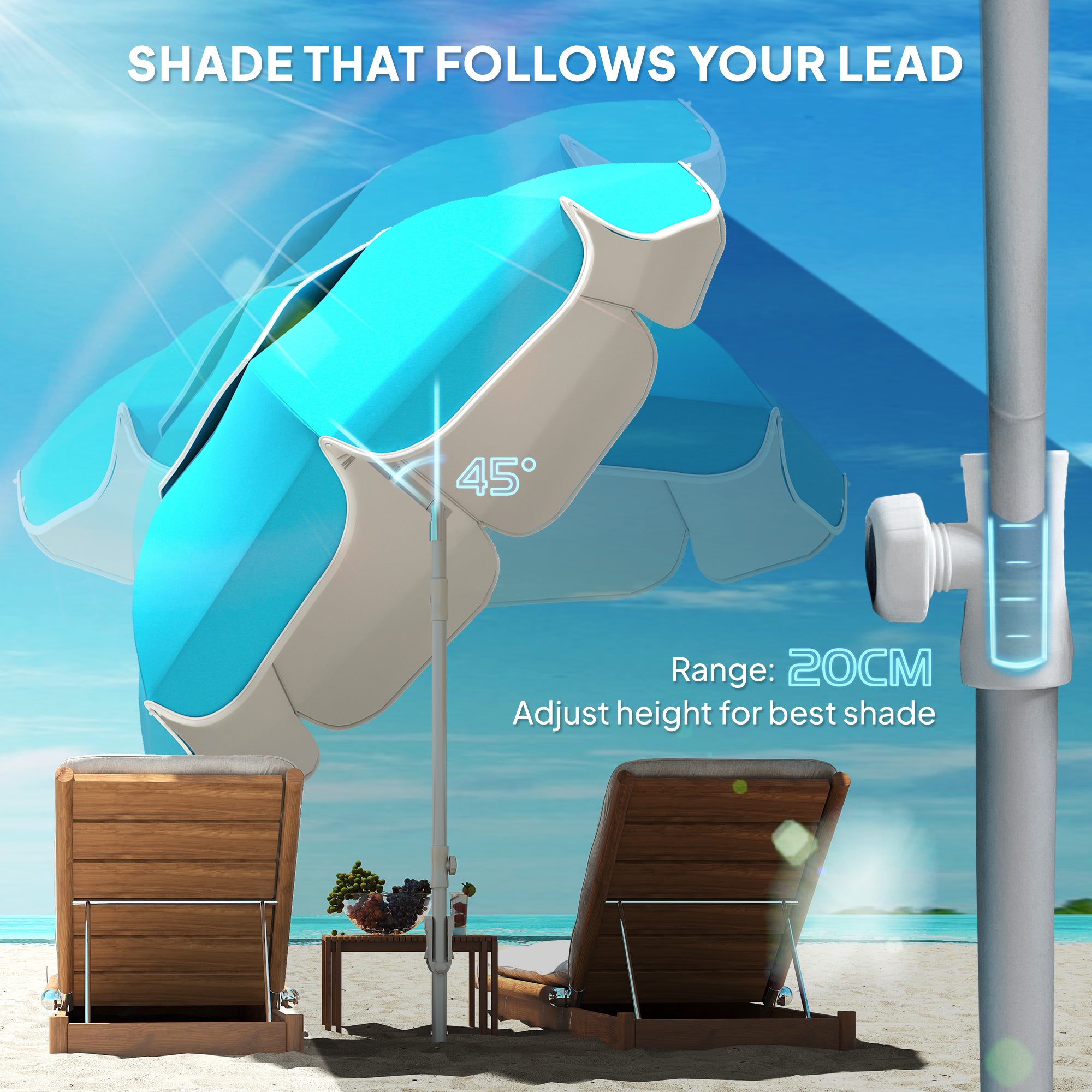 Outsunny Beach Umbrella Portable with Sand Anchor, Carry Bag, Adjustable Height & Tilt, UPF50+ UV Protection, Blue