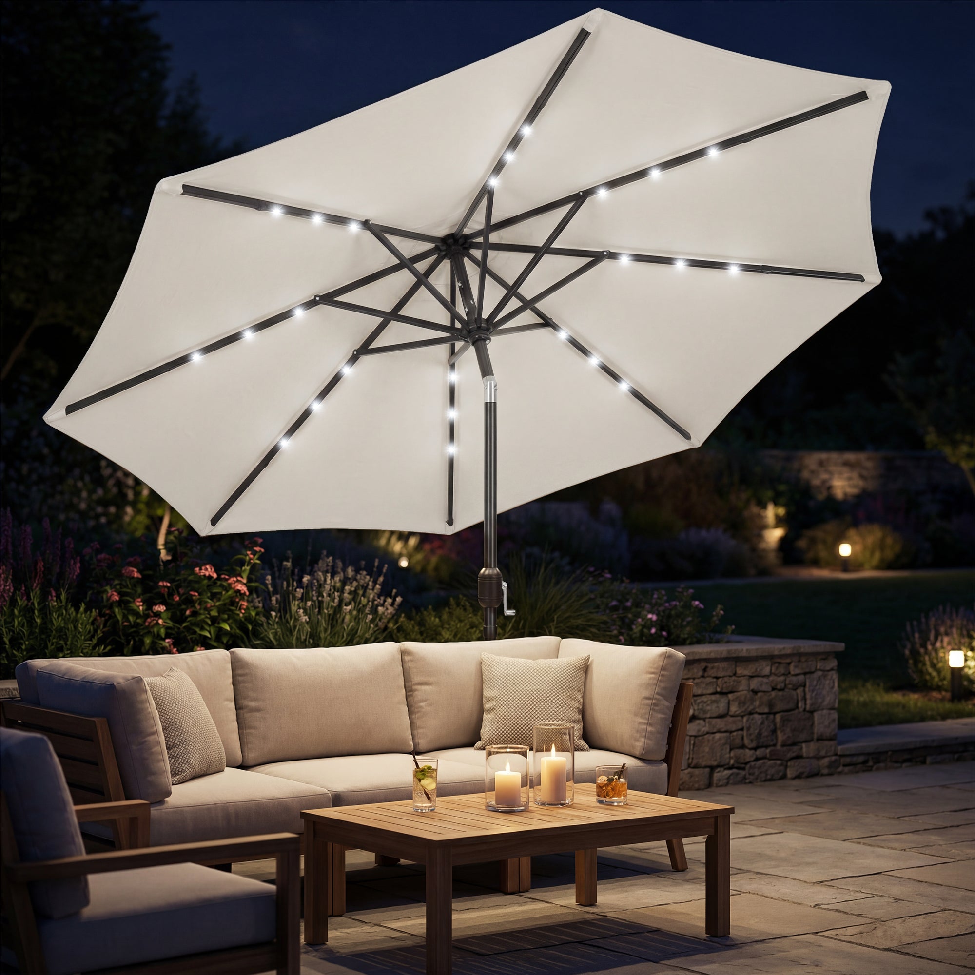 Outsunny 2.6 m Garden Parasol Umbrella with LED Solar Light, Parasol Cover, Outdoor Market Patio Umbrella, Cream White