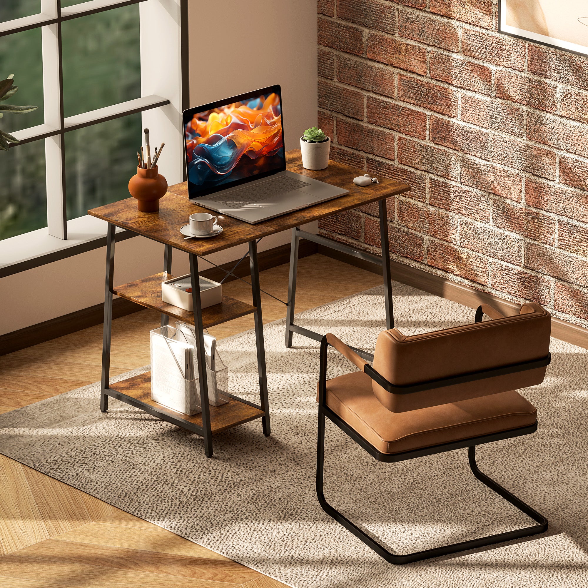 HOMCOM 100cm Computer Desk with Storage, Industrial Home Office Desk with 2 Tier Shelves and Steel Frame, Computer Table for Study Room, Rustic Brown