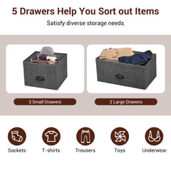 Fabric Drawer Cabinet for Wardrobe, Bedroom, Living Room-Black & Grey