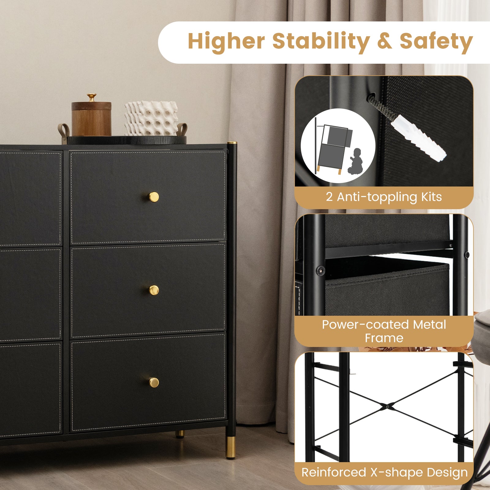 Fabric Dresser Tower for Bedroom with Drawers and Metal Frame-3-Tier