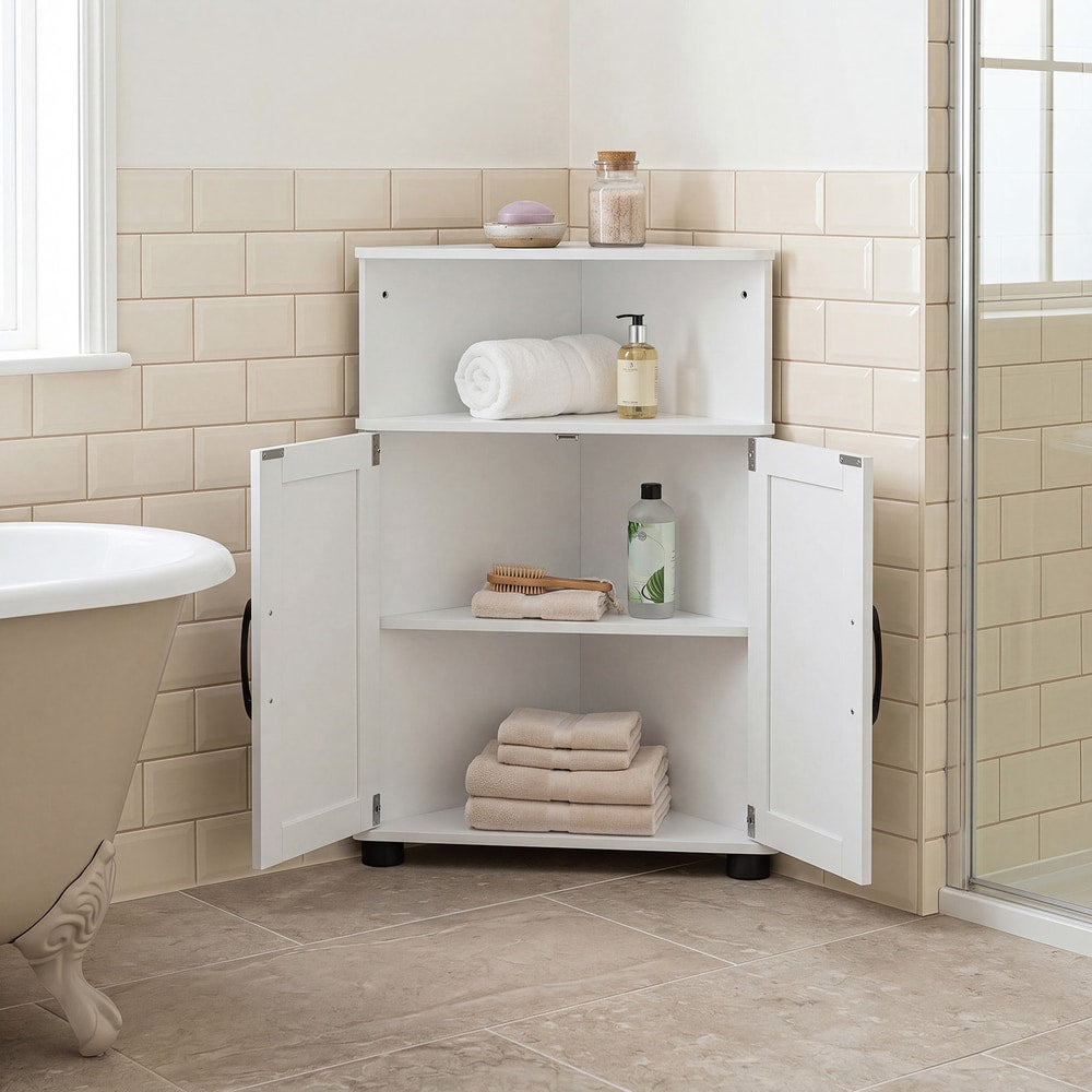The bathroom floor cabinet with doors open showing shelves with towels and toiletries