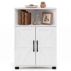 The white corner cabinet with books and decorative items on the open top shelf