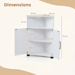 Dimensions diagram of the white corner storage unit showing measurements