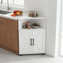 The corner floor cabinet used in a kitchen to store plates and spices