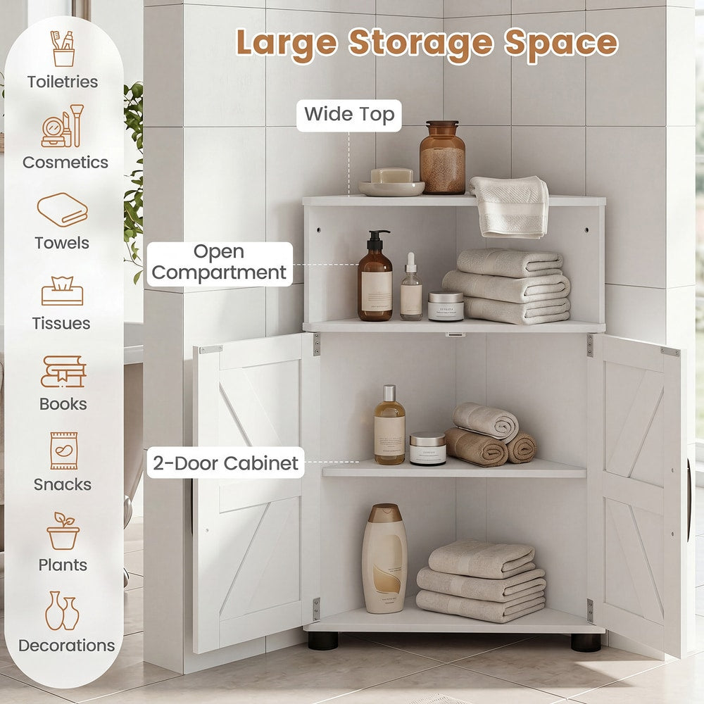The white corner storage unit showing its large storage space and compartments
