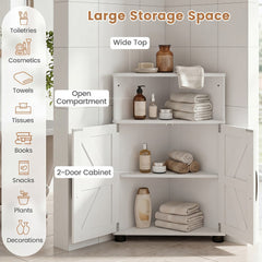 The white corner storage unit showing its large storage space and compartments