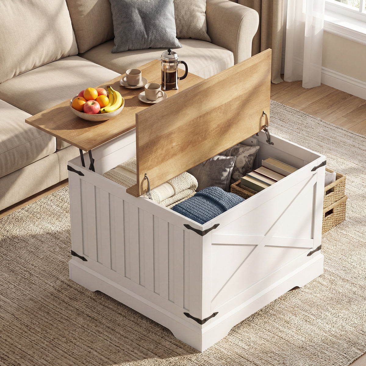 Farmhouse Lift Top Coffee Table 80CM Square Center Table with Hidden Storage Compartment-Brown