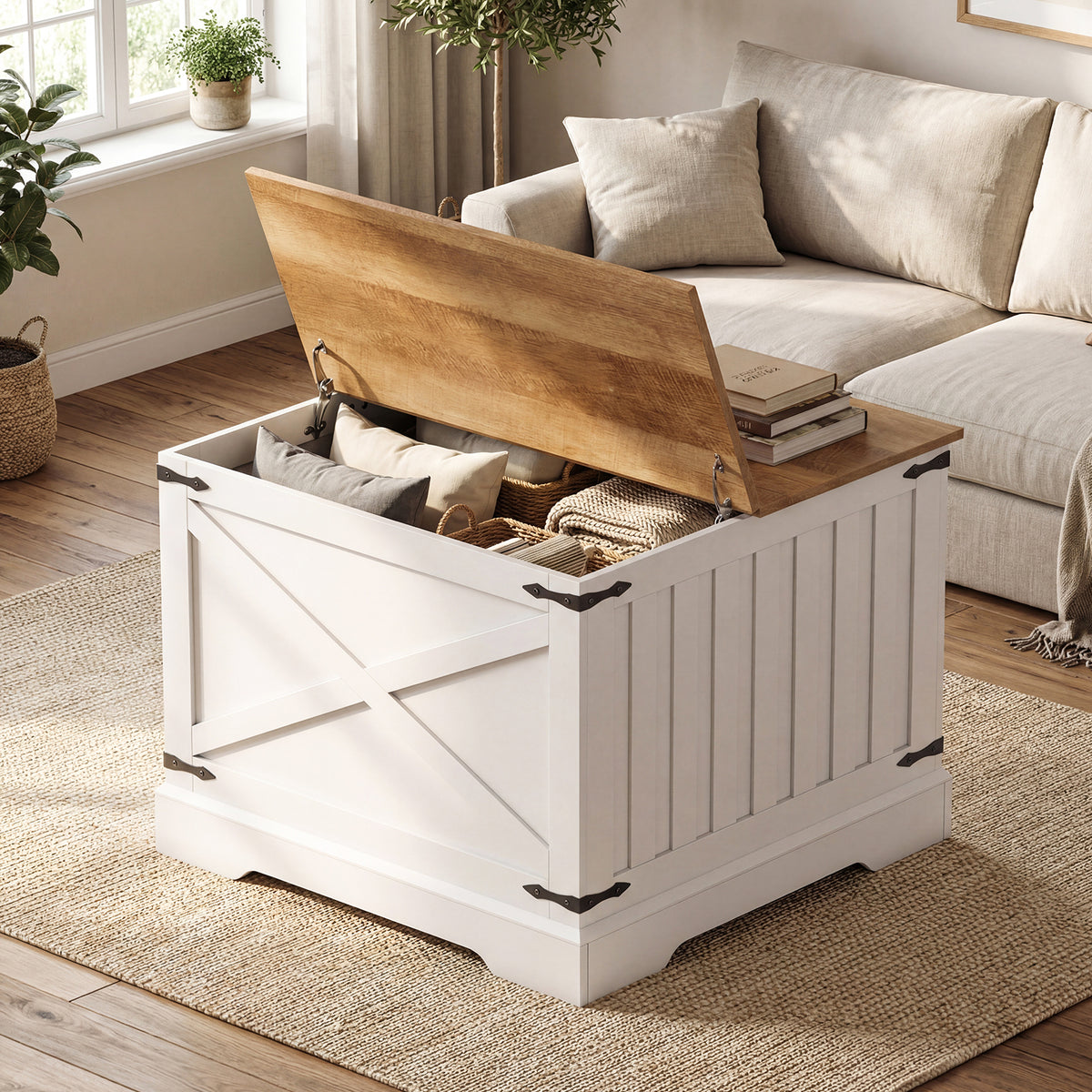 Farmhouse Lift Top Coffee Table 80CM Square Center Table with Hidden Storage Compartment-Brown