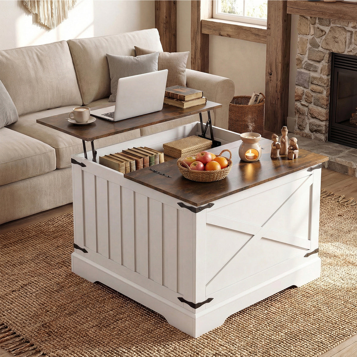 Farmhouse Lift Top Coffee Table 80CM Square Center Table with Hidden Storage Compartment-Rustic Brown