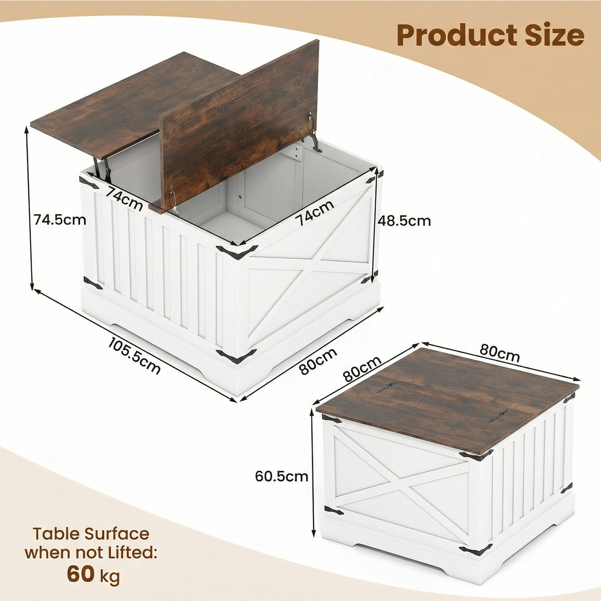 Farmhouse Lift Top Coffee Table 80CM Square Center Table with Hidden Storage Compartment-Rustic Brown