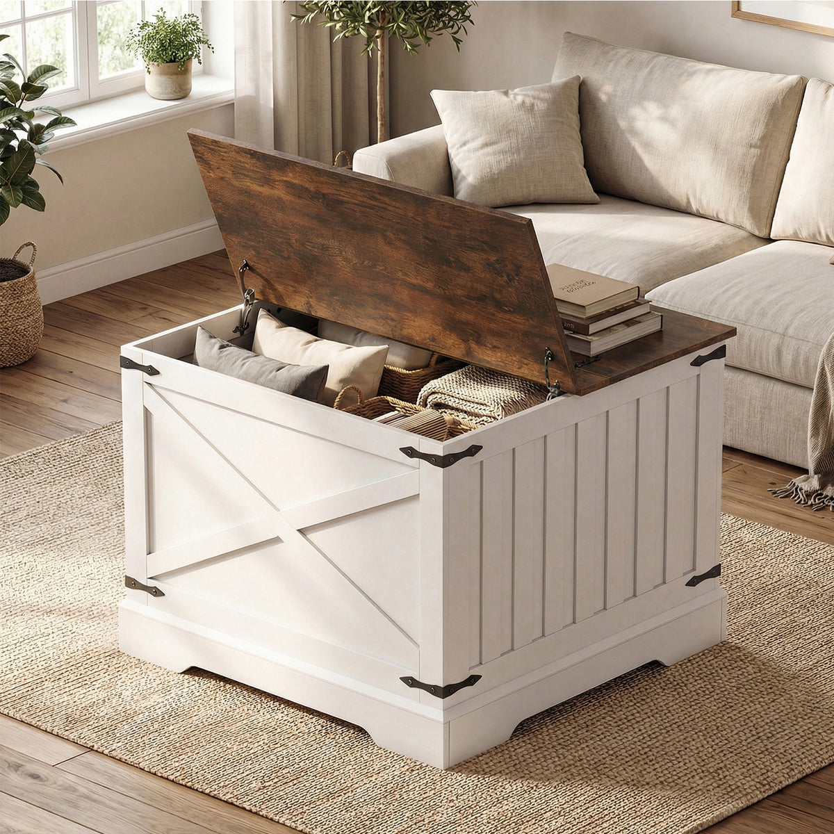 Farmhouse Lift Top Coffee Table 80CM Square Center Table with Hidden Storage Compartment-Rustic Brown