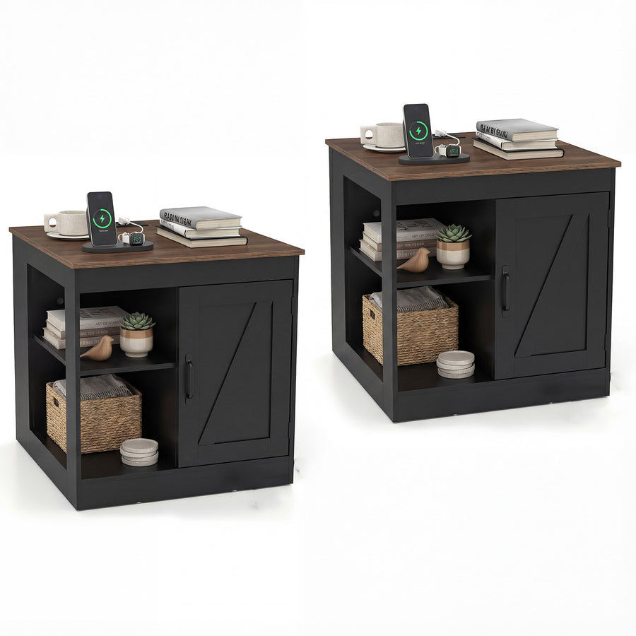 Farmhouse Nightstand Set of 2 with Charging Station Bedside Table with Adjustable Shelf-Black