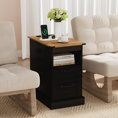 Farmhouse Nightstand with Charging Station and 2 Drawers-Black