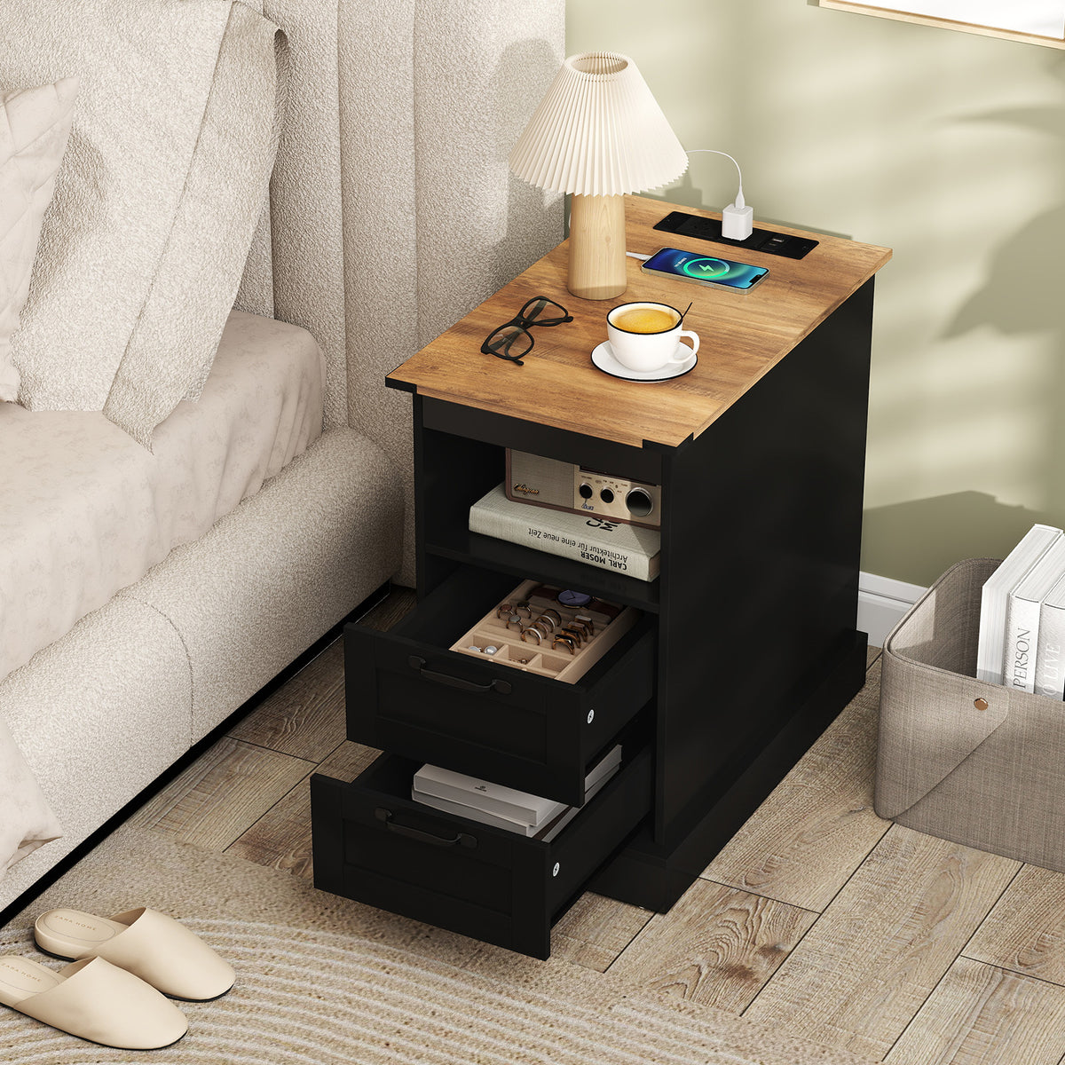 Farmhouse Nightstand with Charging Station and 2 Drawers-Black