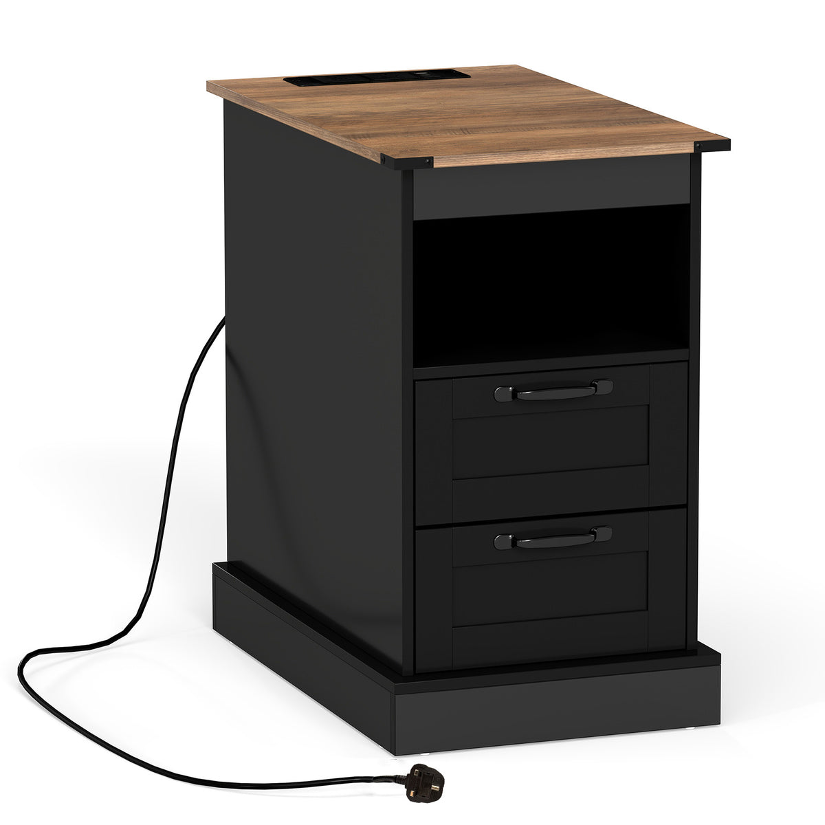 Farmhouse Nightstand with Charging Station and 2 Drawers-Black