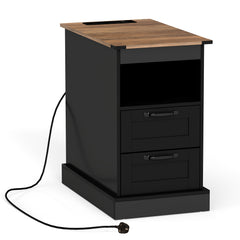 Farmhouse Nightstand with Charging Station and 2 Drawers-Black