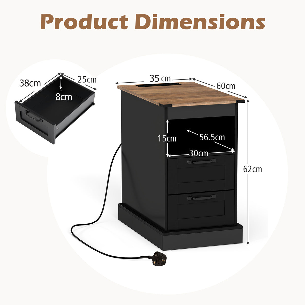 Farmhouse Nightstand with Charging Station and 2 Drawers-Black