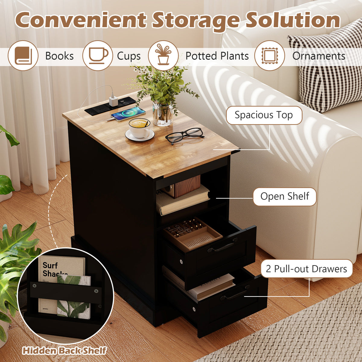 Farmhouse Nightstand with Charging Station and 2 Drawers-Black