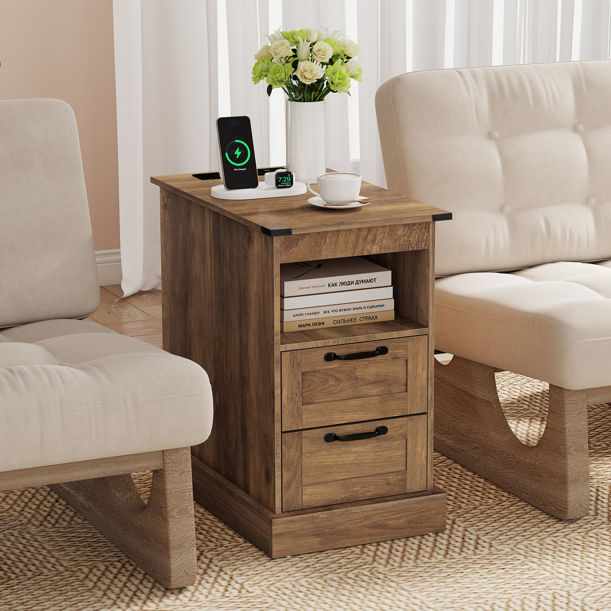 Farmhouse Nightstand with Charging Station and 2 Drawers-Rustic Brown