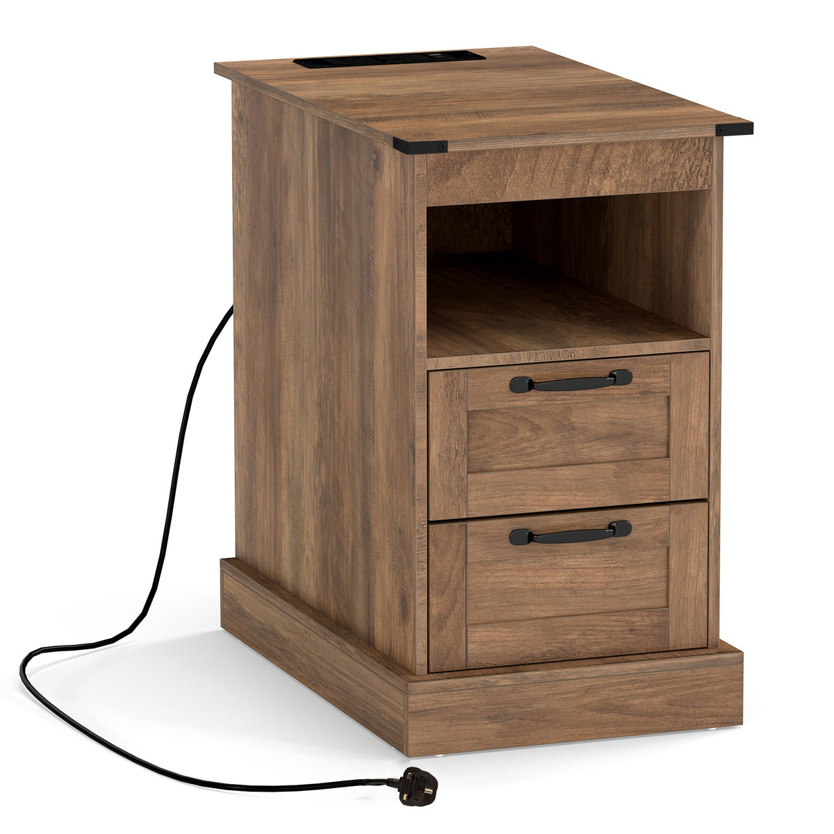 Farmhouse Nightstand with Charging Station and 2 Drawers-Rustic Brown