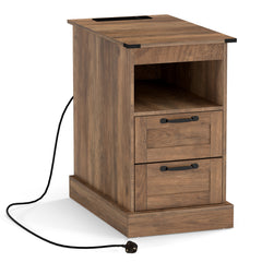 Farmhouse Nightstand with Charging Station and 2 Drawers-Rustic Brown
