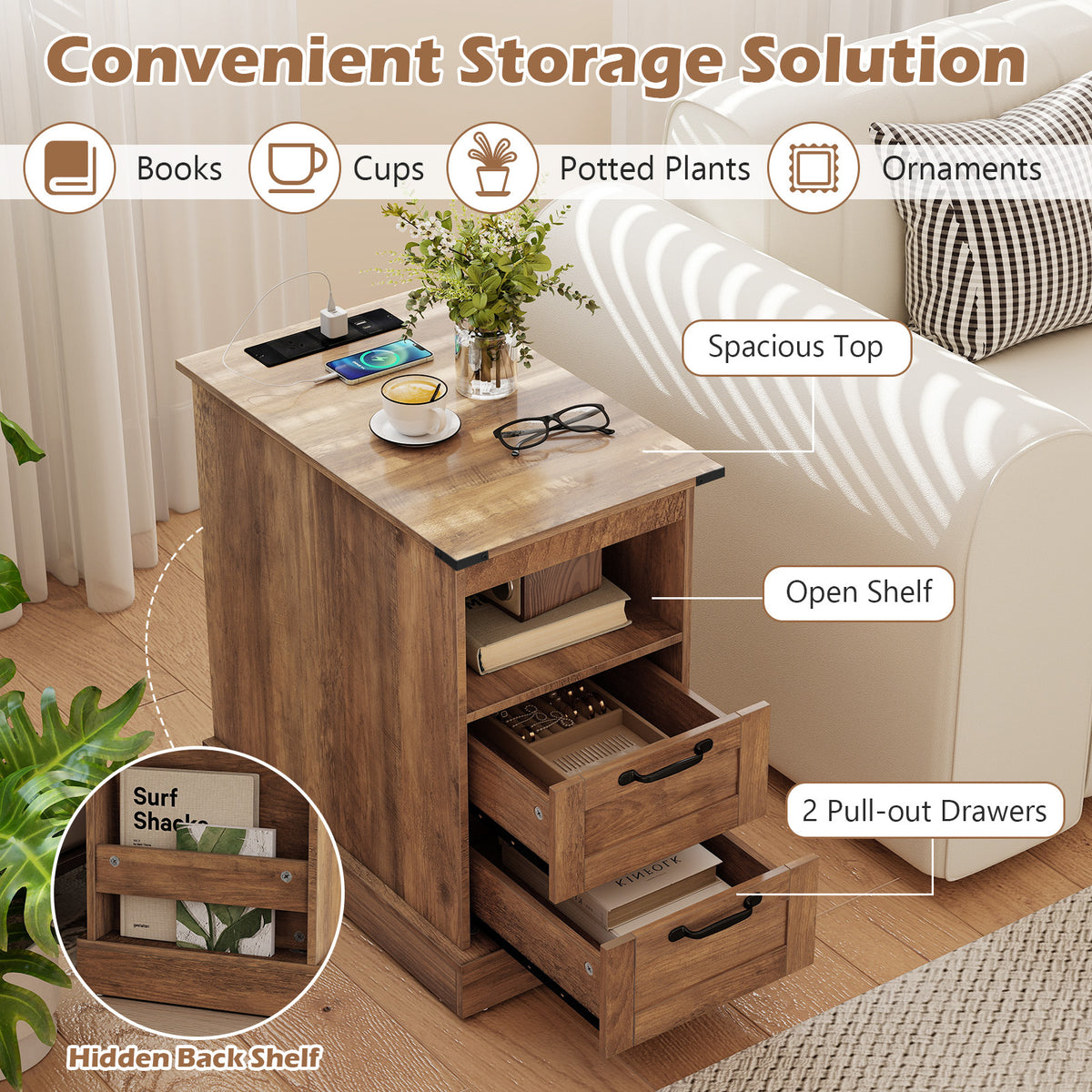 Farmhouse Nightstand with Charging Station and 2 Drawers-Rustic Brown