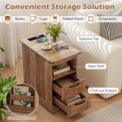 Farmhouse Nightstand with Charging Station and 2 Drawers-Rustic Brown