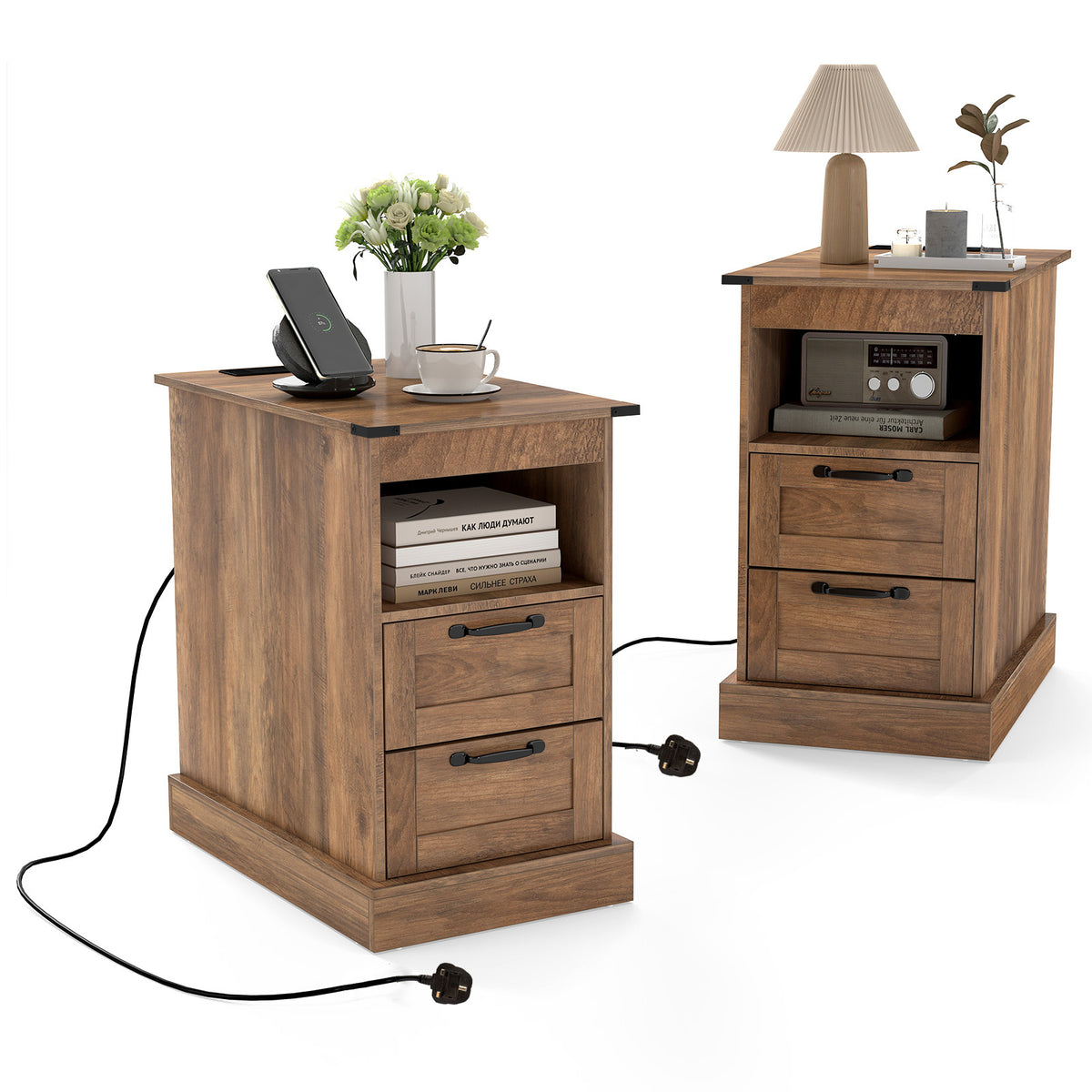 Two rustic brown nightstands with charging cables plugged in, one with a lamp and book