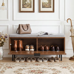 Farmhouse Shoe Storage Bench with Padded Cushion and Rattan Door-Brown