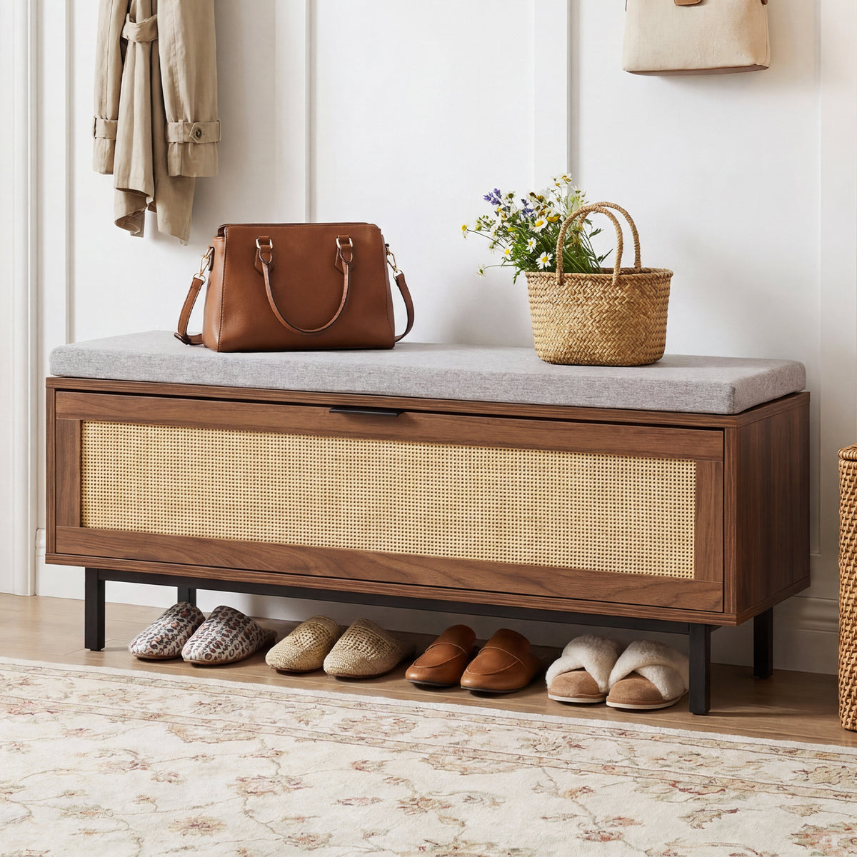 Farmhouse Shoe Storage Bench with Padded Cushion and Rattan Door-Brown