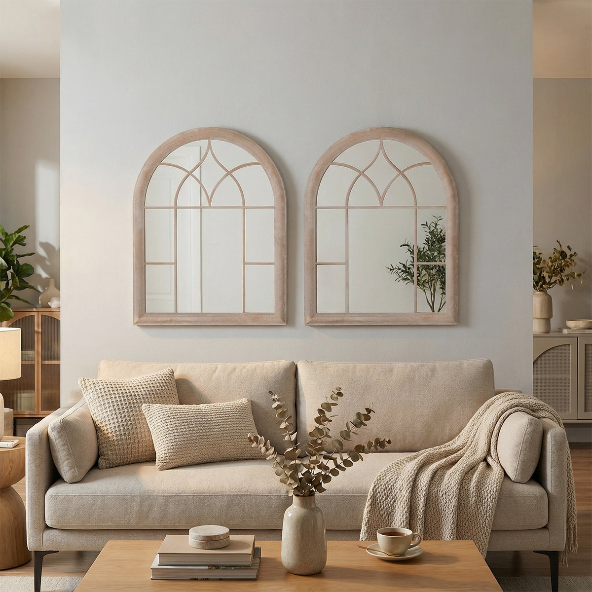 Farmhouse Window Pane Mirror Large Arched Wall Mounted Mirror with Metal Frame 88.5 x 69 cm-Grey