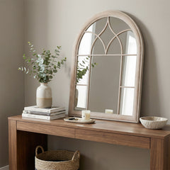 Farmhouse Window Pane Mirror Large Arched Wall Mounted Mirror with Metal Frame 88.5 x 69 cm-Grey