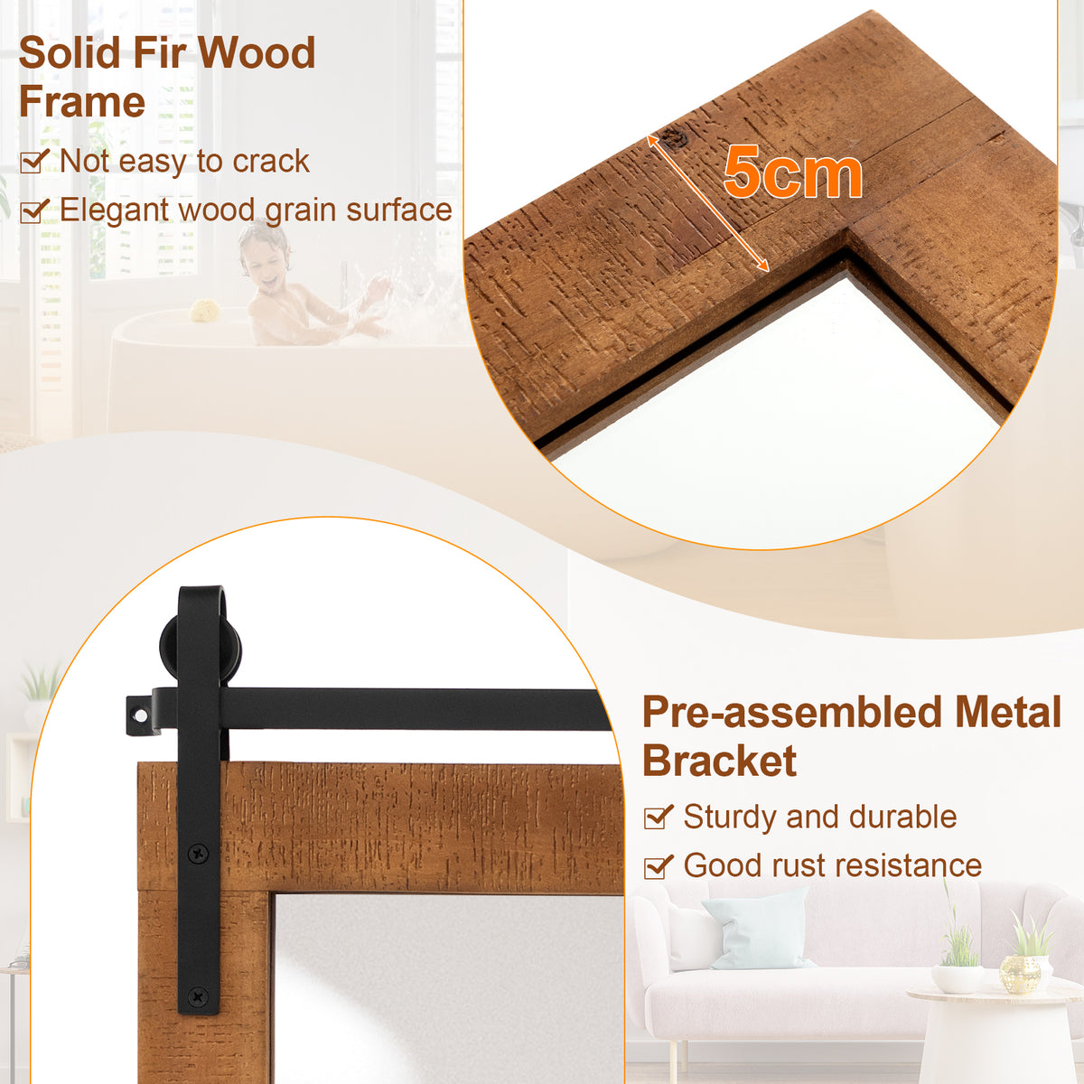 Farmhouse Bathroom Wall Mirro with Fir Wood Frame-Brown