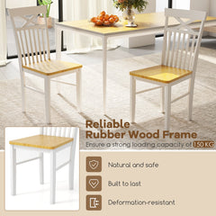 Close up of a farmhouse dining chair showing its rubber wood frame