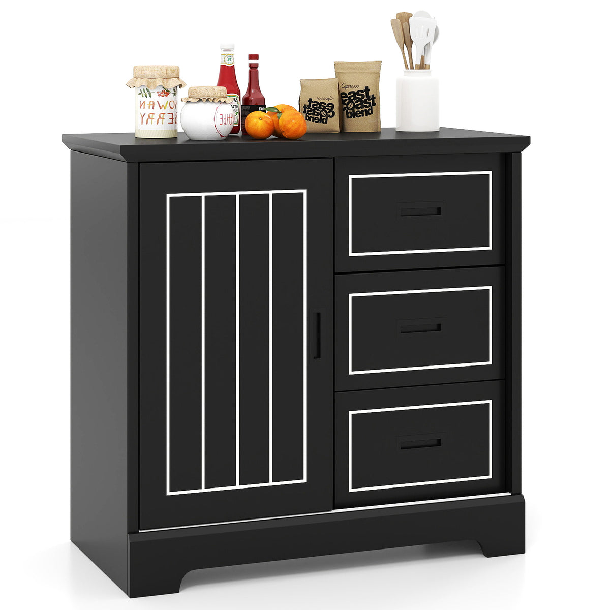 Farmhouse Sideboard Buffet Cabinet with Sliding Doors and 3 Drawers-Black