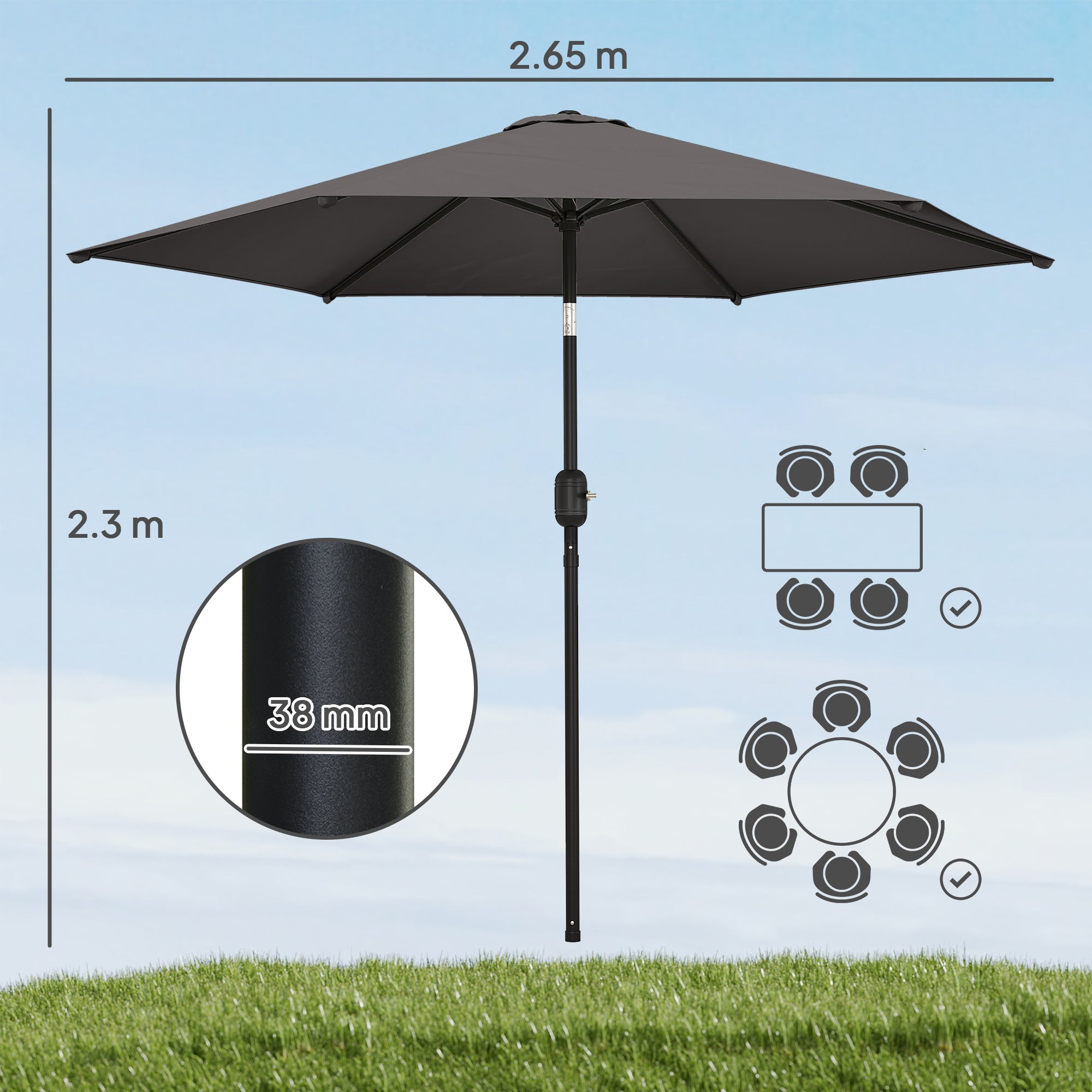 Outsunny 2.6 m Garden Parasol Umbrella with Aluminium Pole, Outdoor Patio Umbrella with Tilt and Crank, Vent, Black