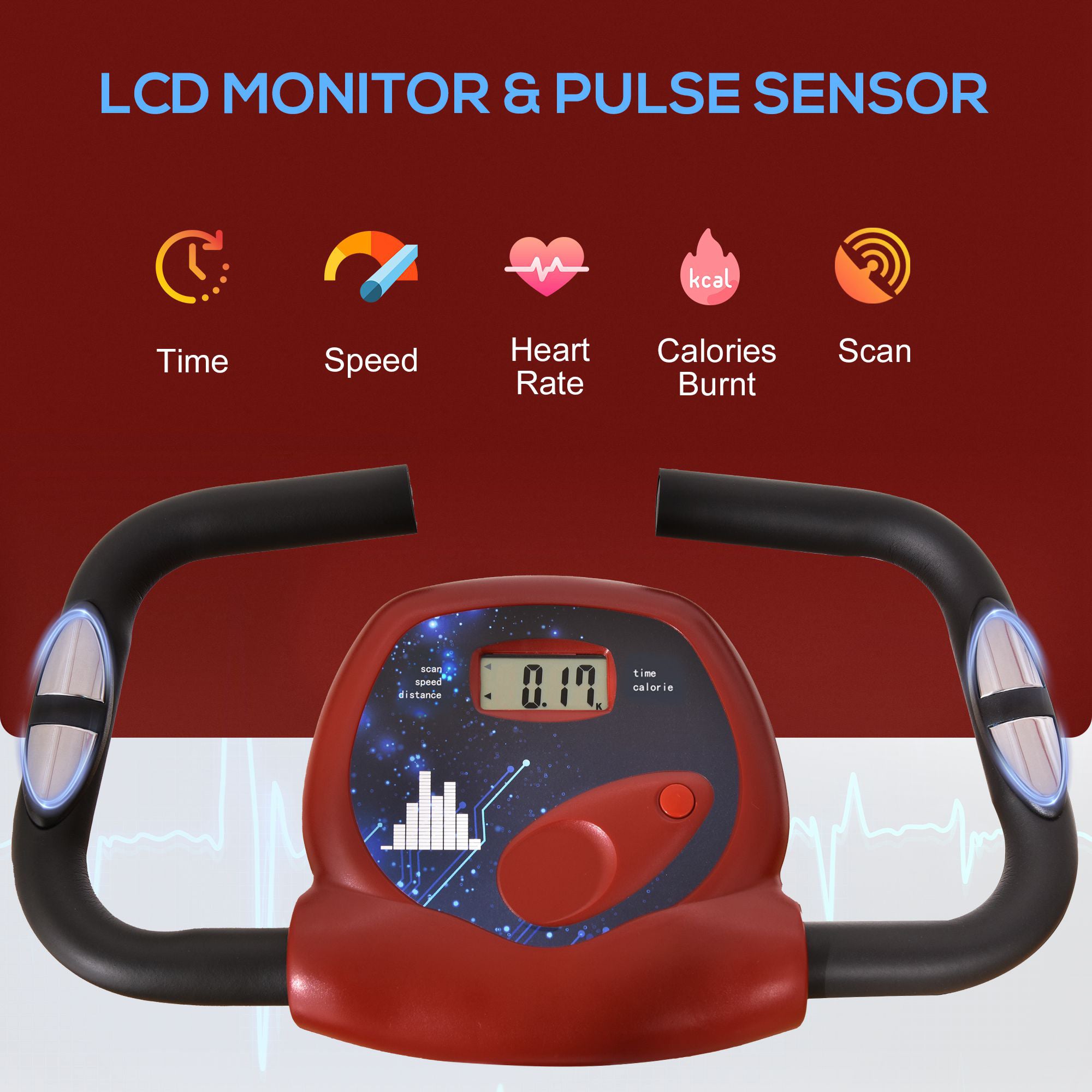 HOMCOM Folding Exercise Bike, Fitness Bicycle Indoor Trainer, 8-Level Magnetic Resistance Adjustable, with LCD Monitor, Pulse Sensor, Red