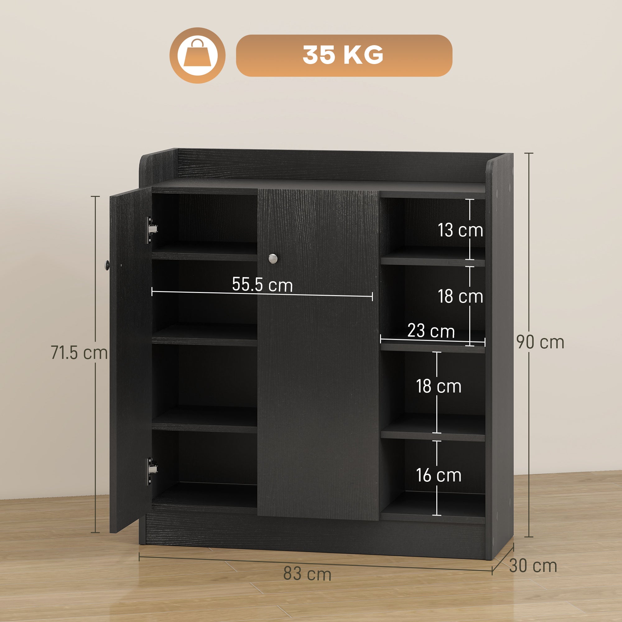 HOMCOM Shoe Storage Cabinet with Adjustable Shelves - Black