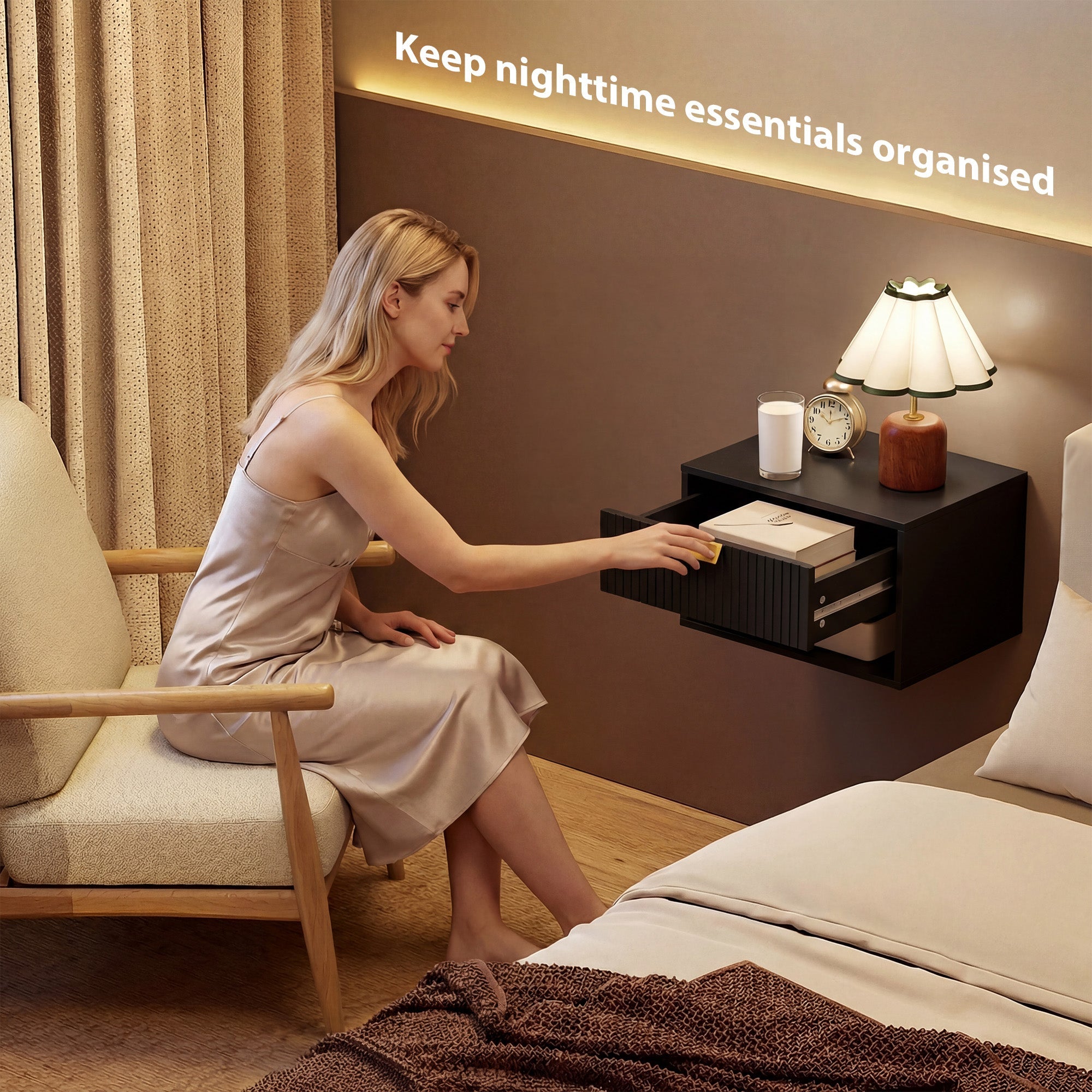 HOMCOM Set of 2 Wall Mounted Nightstands, Floating Bedside Tables with Fluted Drawer and Open Shelf for Small Bedroom, Black