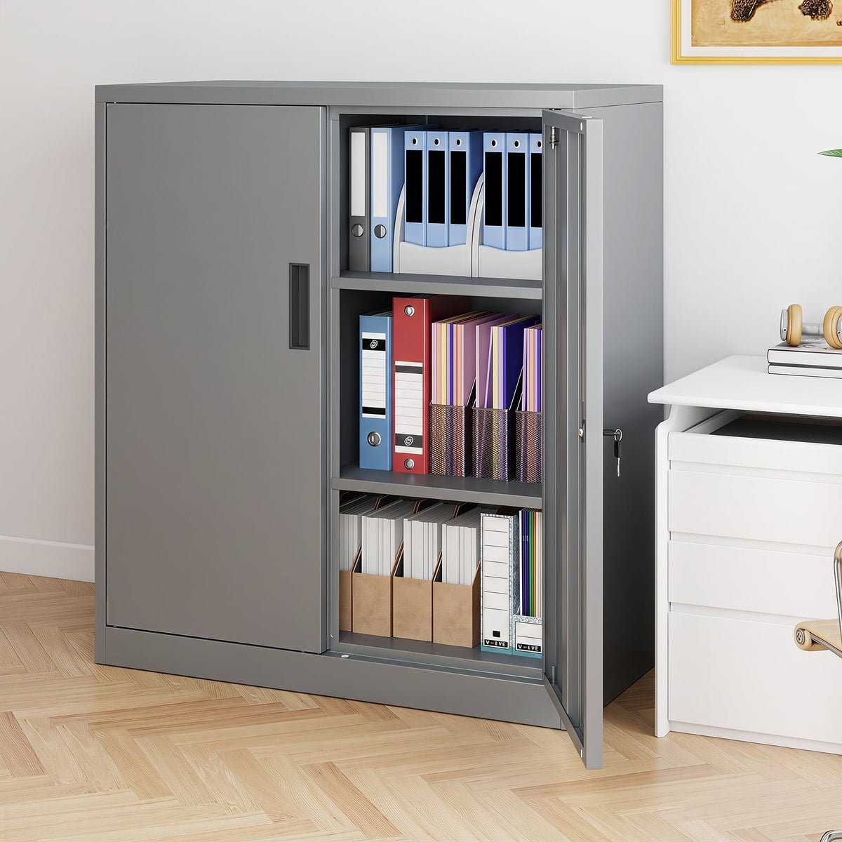 File Cabinet with 2 Lockable Doors and 2 Adjustable Shelve-Grey