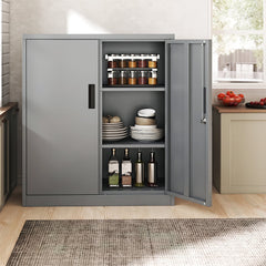 File Cabinet with 2 Lockable Doors and 2 Adjustable Shelve-Grey