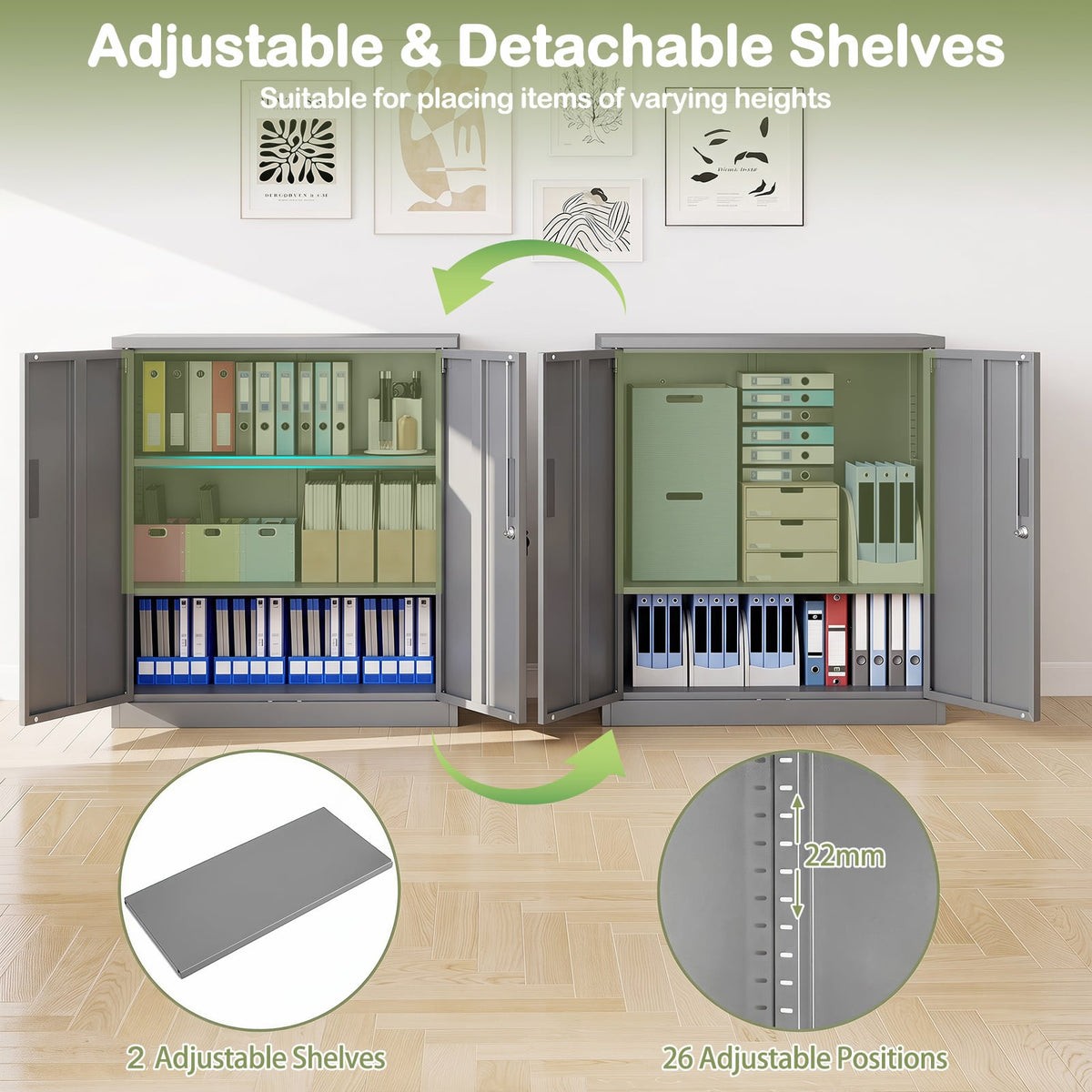 File Cabinet with 2 Lockable Doors and 2 Adjustable Shelve-Grey