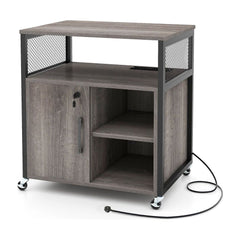 File Cabinet on Wheels with a grey wood finish, black metal frame, and a power cable attached