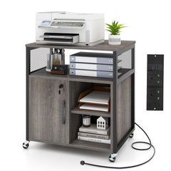 The file cabinet showing the integrated power outlet panel with USB ports on the side
