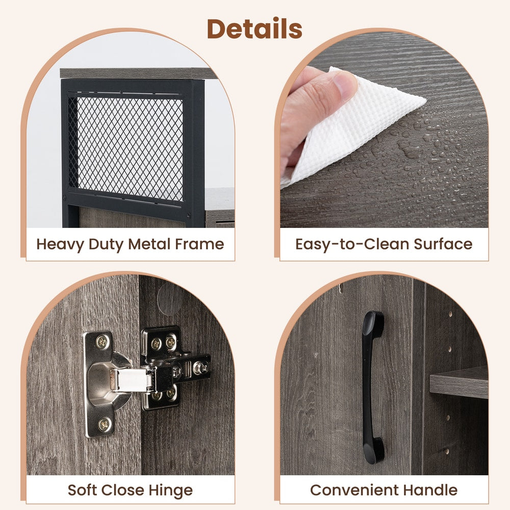 The file cabinet showing close-up views of the metal frame, surface, hinge and handle