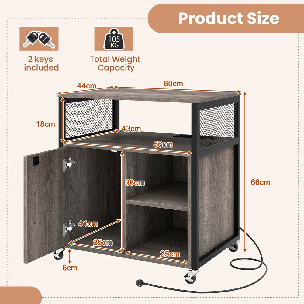 The file cabinet with annotated dimensions and labels for the included keys
